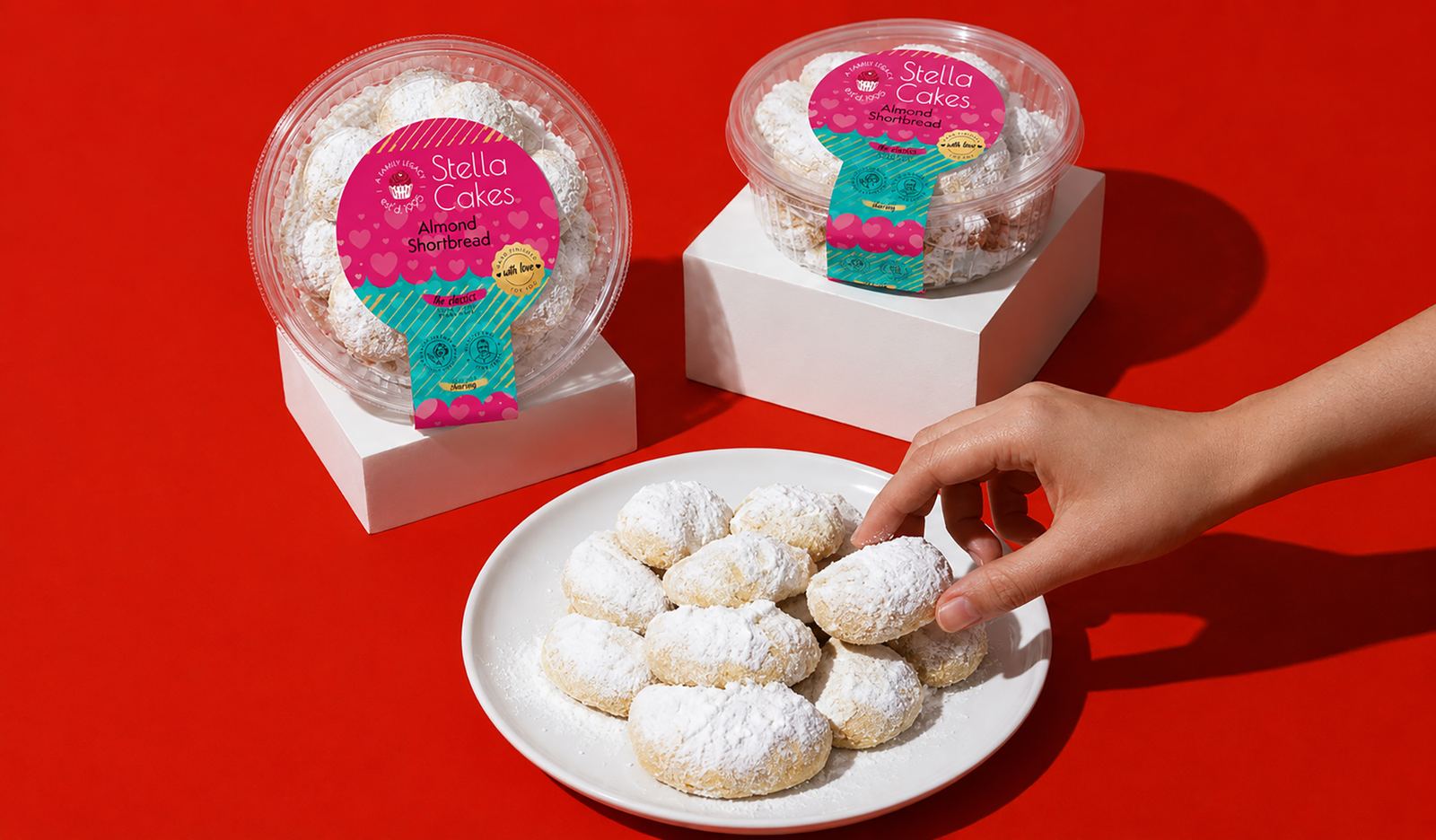 Stella Cakes Almond Shortbread packaging and plated cookies